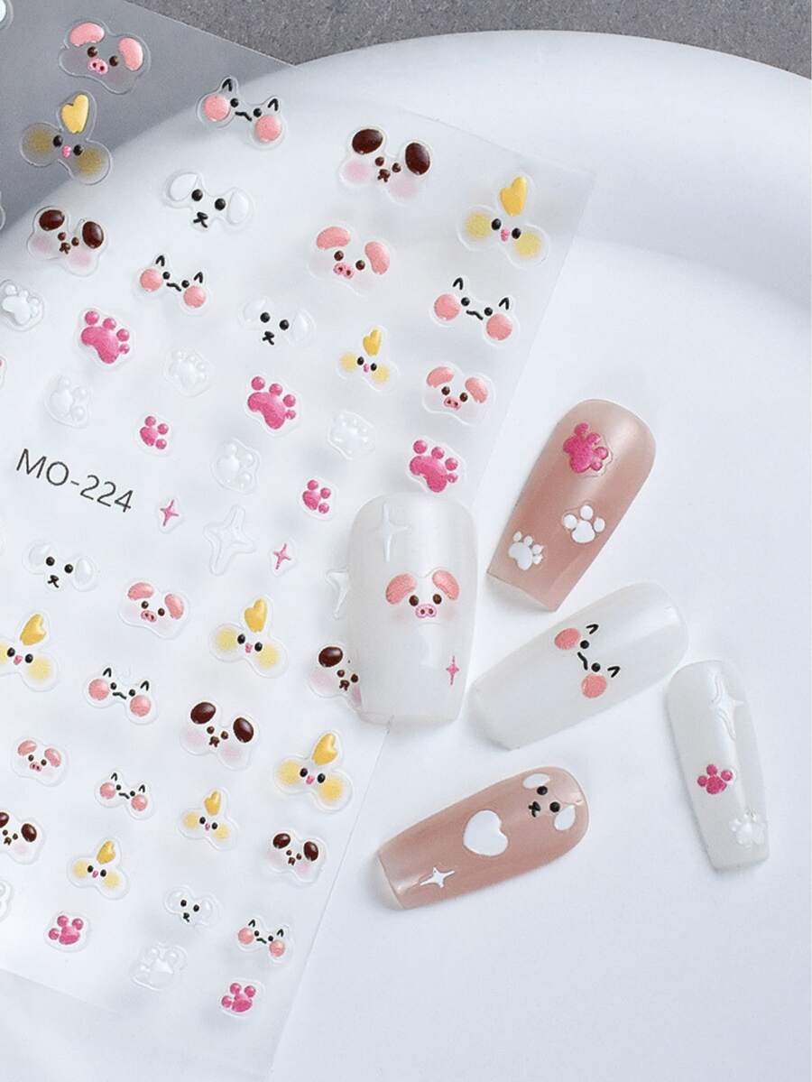 3款新品可爱卡通果冻小动物可爱猫咪狗狗可爱小熊浮雕指甲贴可爱简约指甲贴指甲饰品贴纸 - 彩色 - 查看 1