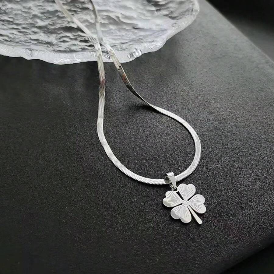 Necklace Internet Celebrity Fashion Snake Flat Peach Heart Necklace Titanium Steel Love Pattern Four-Leaf Clover Set Wholesale Women Non-Fading Jewelry - Silver - View 1