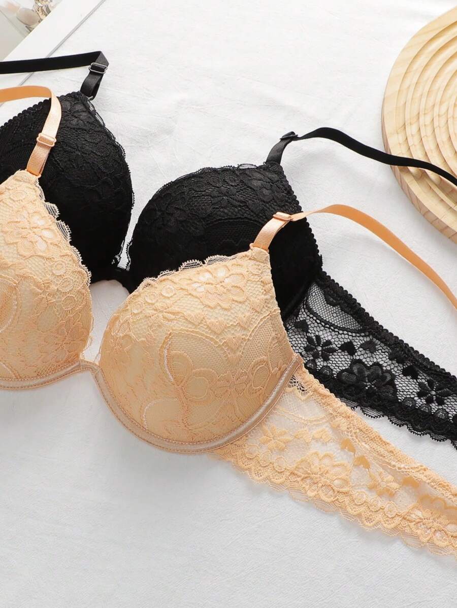 2PCS Women's Black/Apricot Floral Lace Underwire Push Up Bra, Small Chest/Bust Female Underwear With Back Closure, Sexy & Solid Color Lingerie For Small Breasts, Supportive Brassiere With Adjustable & Detachable Shoulder Straps, Comfortable & Breathable Fabric, Back With Lace Design, Suitable For Festival, Holidays, Couple Dates And Daily Use - Multicolor - View 1
