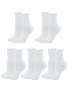 5 Pairs Women White Novelty Cute Ruffled Frilly Ankle Crew Socks - White - View 2