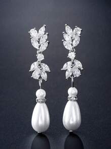 2只精美仿珍珠和立方氧化锆新娘伴娘耳环，不褪色婚礼首饰。情人节配饰 - 白色 - 查看 7