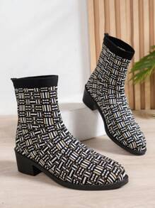 Damskie botki na grubym/niskim obcasie z wycięciami, dzianinowe botki z blokami kolorów, antypoślizgowe buty z miękką podeszwą