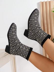 Damskie botki na grubym/niskim obcasie z wycięciami, dzianinowe botki z blokami kolorów, antypoślizgowe buty z miękką podeszwą