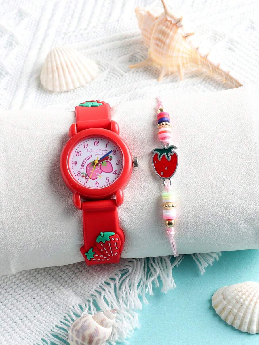 1pc Girl's Strawberry Design Round Quartz Watch & 1pc Strawberry Decor Bracelet, Casual Wear Or Gift - Red - View 1