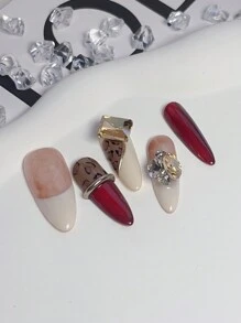 10 件/包奢华手工水钻巴洛克杏仁形美甲片 - 勃艮第法式扎染搭配奶白色，豹纹半半搭配金色水钻，奶白色法式片搭配超大水钻。适合所有肤色，适合日常佩戴、音乐节、派对、节日、约会和新娘。附赠 1 件果冻凝胶 + 1 件指甲缓冲块。 - 彩色 - 查看 4