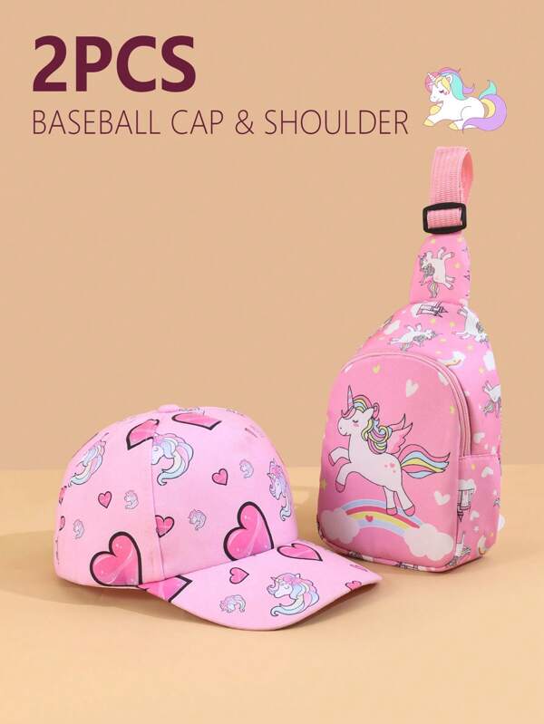 2pcs/Set Kids Pink Heart Baseball Cap And Unicorn Backpack, Cute Girls Back To School Accessories For Daily Use, All Season