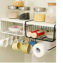 Cesta Repisa  Organizador Canasta Empotrable Acero Multiuno para Cocina, Baño y Hogar , Canasta Bandeja de Metal Rejilla Colgante para Debajo de Estante Mueble Colgar Almacenamiento - CESTA DE ALMACENAMIENTO BLANCO - Ver 4