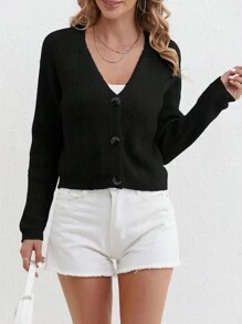 Women V-Neck Long Sleeve Button Front Casual Solid Color Raglan Sleeve Cardigan, Spring Autumn - Black - View 3