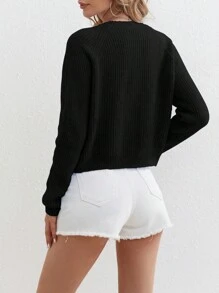 Women V-Neck Long Sleeve Button Front Casual Solid Color Raglan Sleeve Cardigan, Spring Autumn - Black - View 2