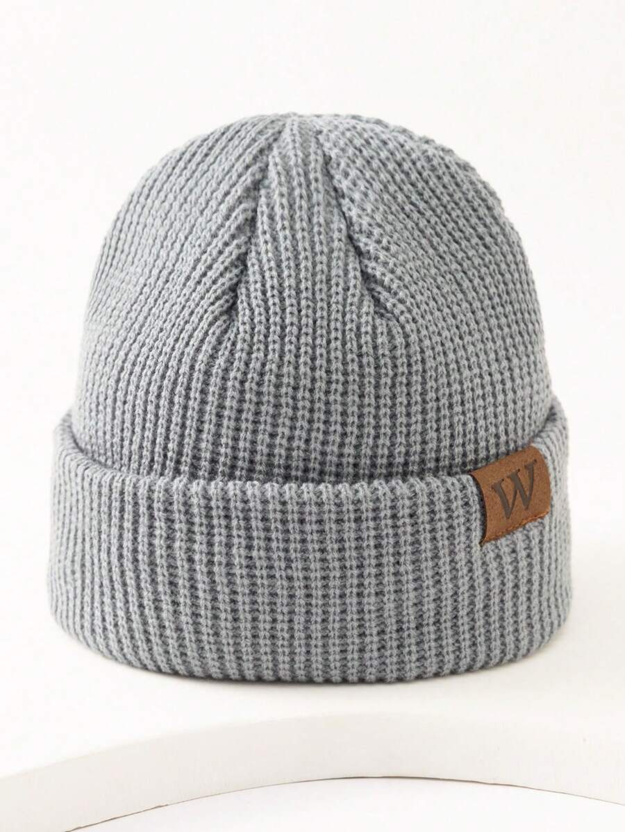 1pc Men's Grey Knit Beanie Hat With Leather Label Fall Outfit - Grey - View 1