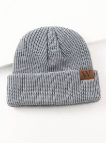 1pc Men's Grey Knit Beanie Hat With Leather Label Fall Outfit - Grey - View 2