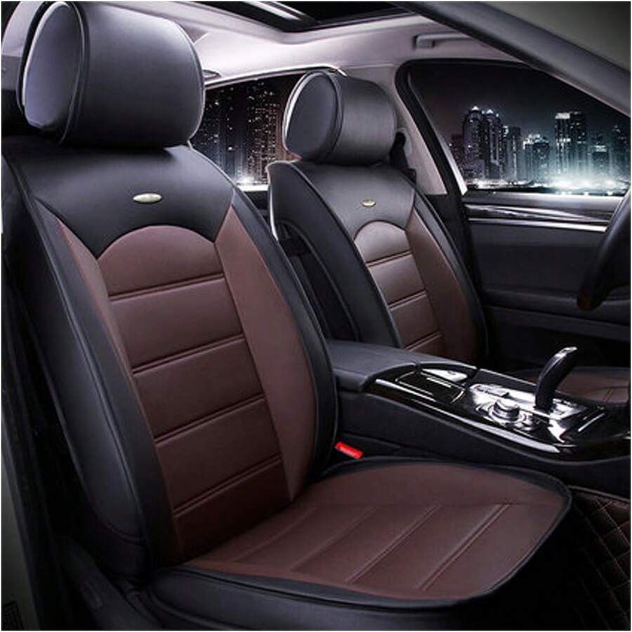 muchkey Car Seat Covers Five Seats Full Set PU Leather High Back Front And Rear Split Bench Car Seat Cover Waterproof Suitable For All Seasons - 黑色和咖啡色 - 查看 1