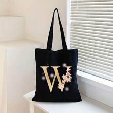 Sacola de Lona Preta Personalizada com Estampa Floral Dourada de Letra A-Z, Sacola de Compras da Moda, Bolsa de Uso Diário, Presente de Aniversário para Mulheres, Presente para Namorada, Lembrança Personalizada de Dama de Honra