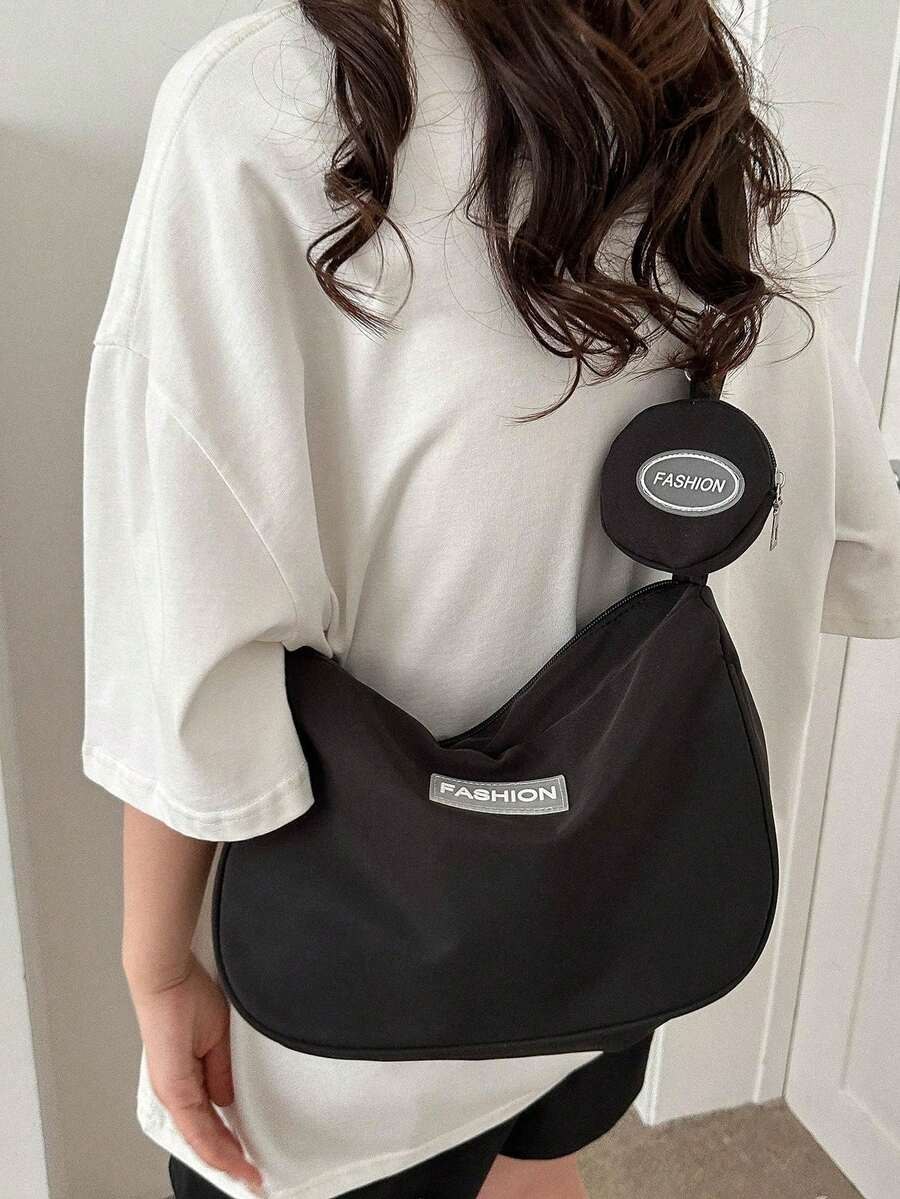 Túi đeo chéo vải màu trơn dành cho sinh viên mới, Túi đeo vai sức chứa lớn thông thường dành cho nữ - màu đen - Xem 1