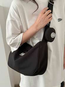 Túi đeo chéo vải màu trơn dành cho sinh viên mới, Túi đeo vai sức chứa lớn thông thường dành cho nữ - màu đen - Xem 4