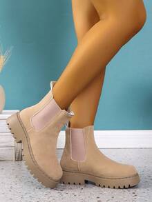 Giày bốt Chelsea da trơn kiểu cổ điển có đế dày kiểu cổ điển dành cho nữ, kiểu Anh - Màu be - Xem 3