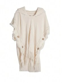 1pc Solid Color Women Hooded Tasseled Cape, Fashionable Hooded Shawl Suitable For Daily Wear - Multicolor - View 5