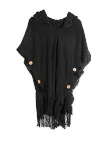 1pc Solid Color Women Hooded Tasseled Cape, Fashionable Hooded Shawl Suitable For Daily Wear - Multicolor - View 6