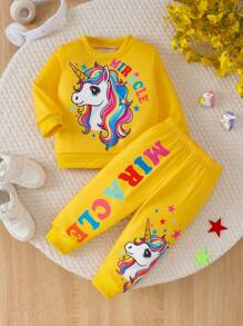 2pcs Baby Girls' Unicorn Print Crew Neck Sweatshirt And Pants Set - Yellow - View 1