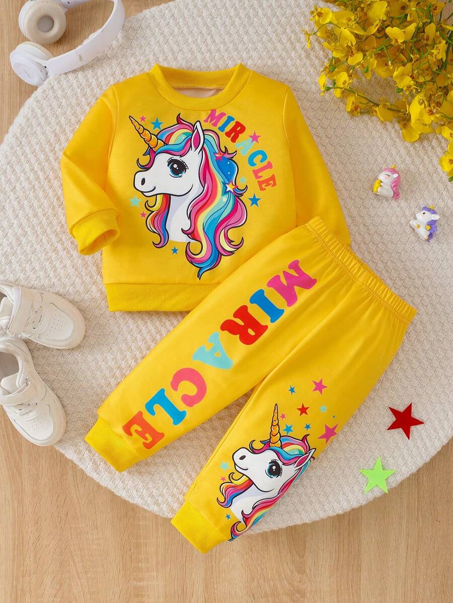 2pcs Baby Girls' Unicorn Print Crew Neck Sweatshirt And Pants Set - Yellow - View 1
