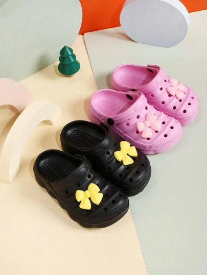 New Kid's Hollow Out Flat Non-Slip Clogs, Solid Color Bowknot Design, Cute And Interesting, Summer Beach Sandals