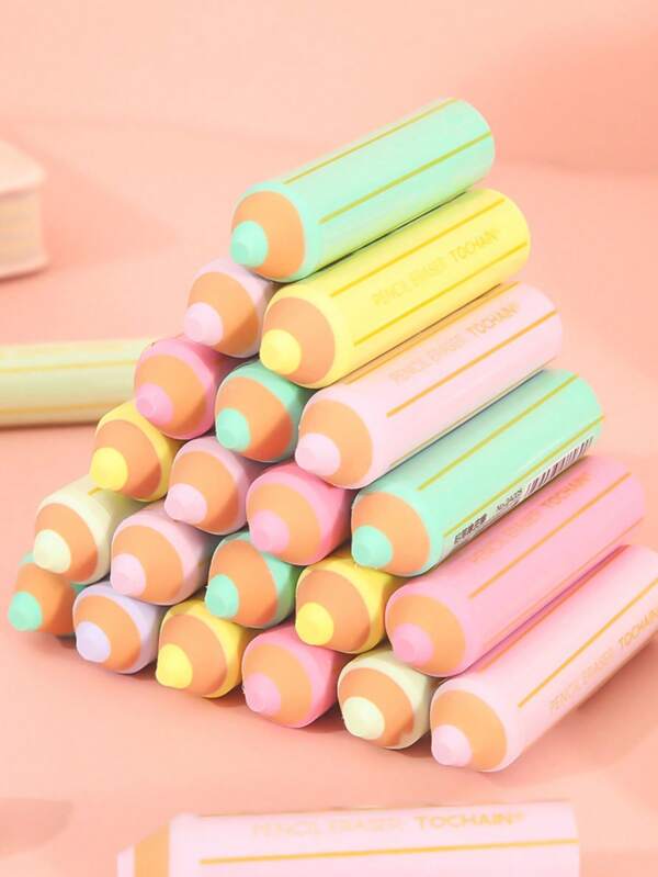 TOCHAIN 3pcs/6pcs/12pcs Set Random Color Pencil Shaped Erasers, Creative Personalized Macaron Round Erasers, Clean Erasure Without Residue, Novel Stationery School Supplies, Perfect Gifts For Students, Back To School