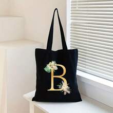 Sacola de Lona Preta Personalizada com Estampa Floral Dourada de Letra A-Z, Sacola de Compras da Moda, Bolsa de Uso Diário, Presente de Aniversário para Mulheres, Presente para Namorada, Lembrança Personalizada de Dama de Honra