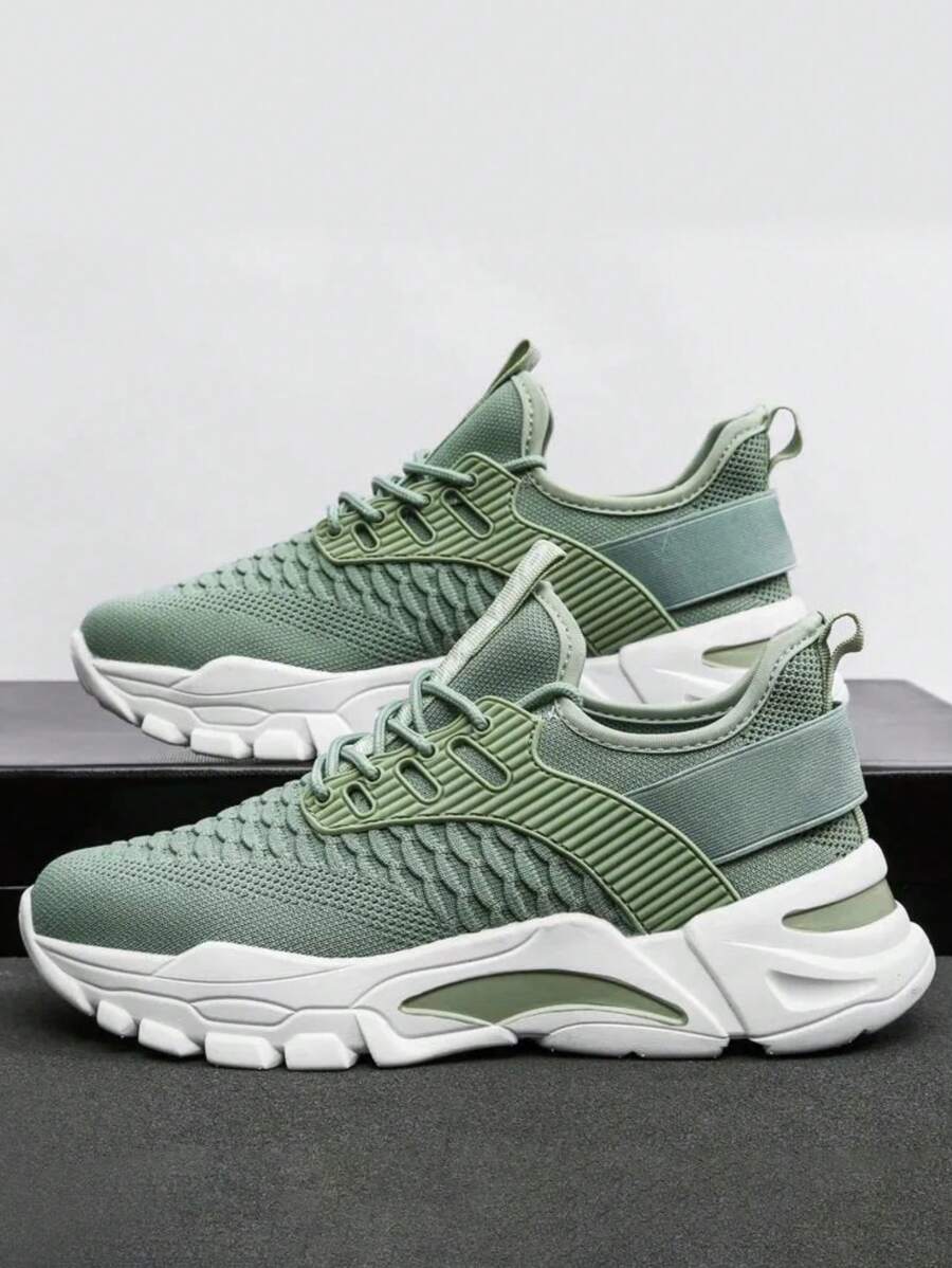 Color sólido de malla transpirable Zapatillas de deporte de los hombres,Cómodo Shallow zapatillas de deporte de encaje,Punta redonda de fondo plano Pareja de zapatos de tenis,Adecuado para al aire libre, ciclismo, entrenamiento, fitness, fiesta, fiesta, baile de la calle, los viajes y el desgaste diario. - Verde - Ver 1