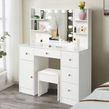 Large Makeup Vanity Table With With Lighted Mirror, Vanity Desk With Storage Shelf & 5 Drawers, Dressing Table With Stool And Shelf, White Vanity With 3 Lighting Modes For Bedroom - White - View 2