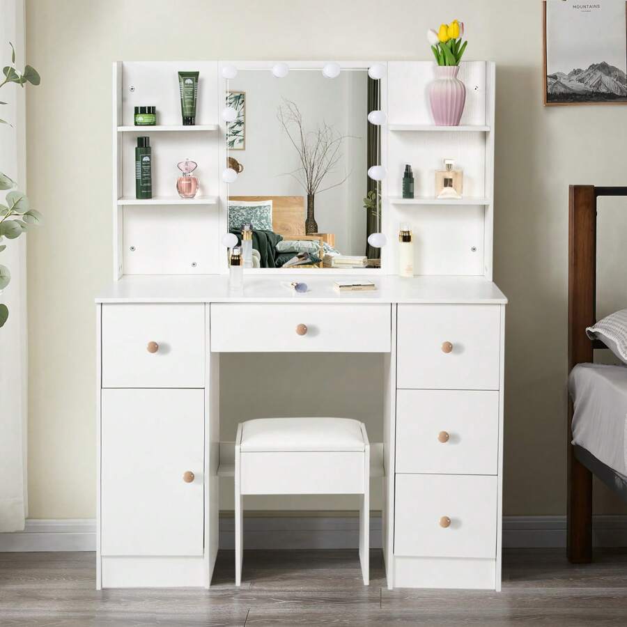 Large Makeup Vanity Table With With Lighted Mirror, Vanity Desk With Storage Shelf & 5 Drawers, Dressing Table With Stool And Shelf, White Vanity With 3 Lighting Modes For Bedroom - White - View 1