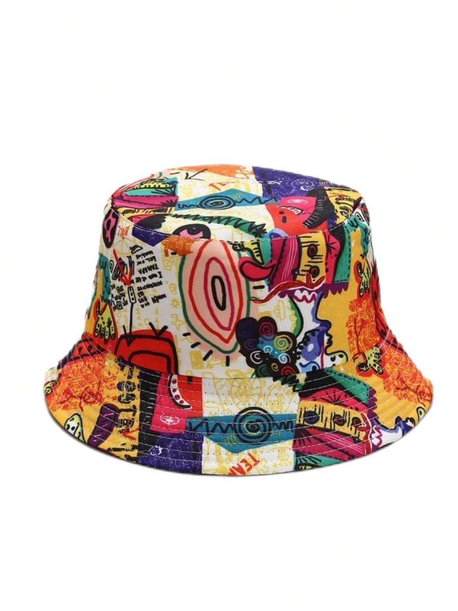 1pc Unisex Abstract Cartoon Funny Reversible Bucket Hat, Random Print Pattern, Suitable For Spring Summer Outdoor Travel, Beach, Fashionable And Personalized Cap - Yellow - View 1