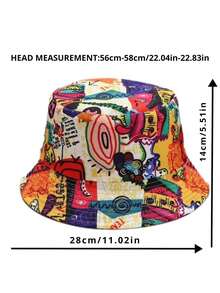 1pc Unisex Abstract Cartoon Funny Reversible Bucket Hat, Random Print Pattern, Suitable For Spring Summer Outdoor Travel, Beach, Fashionable And Personalized Cap - Yellow - View 6
