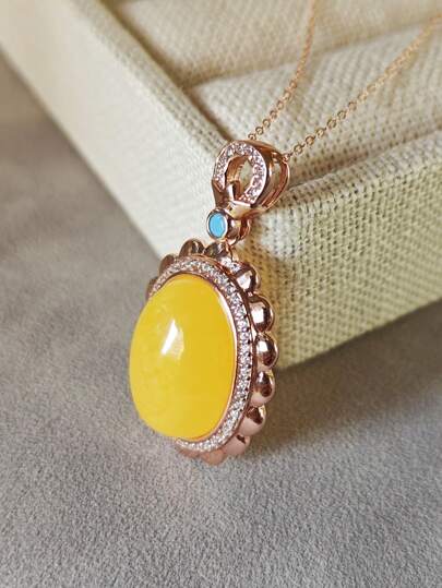 Natural Baltic Amber Pendant Necklace Mellite Gemstone Silver 925 Plated Rose Gold Fine Jewellery Vintage Gift For Her
