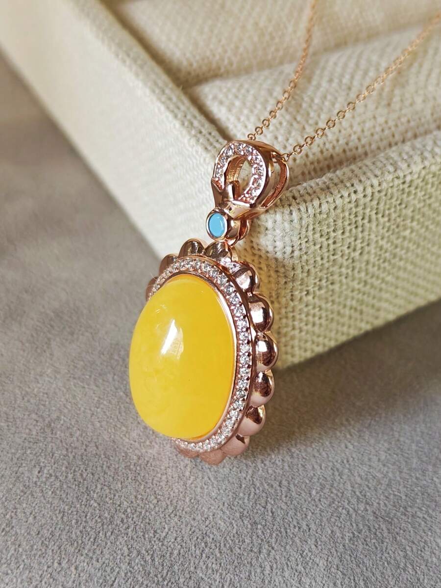 Natural Baltic Amber Pendant Necklace Mellite Gemstone Silver 925 Plated Rose Gold Fine Jewellery Vintage Gift For Her - Mellite - View 1
