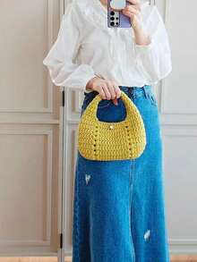 Stylish Crochet Bag With Top Handle And Crossbody Strap - Màu xanh lá cây đậm - Xem 3