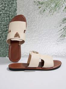 Sandalias deslizantes con decoración de metal de estampado de leopardo para mujer, planas de punta abierta, elegantes para la playa en verano - Beis - Ver 8