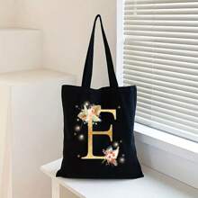 Sacola de Lona Preta Personalizada com Estampa Floral Dourada de Letra A-Z, Sacola de Compras da Moda, Bolsa de Uso Diário, Presente de Aniversário para Mulheres, Presente para Namorada, Lembrança Personalizada de Dama de Honra