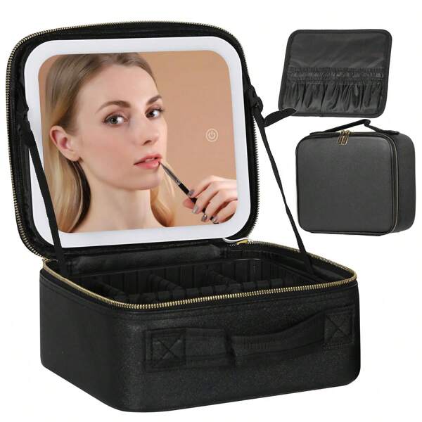 Piorlado Travel Makeup Bag With LED Lighted Mirror, Cosmetic Makeup Organizer Bag With 3 Color Setting, Makeup Train Case With Adjustable Dividers For Women Makeup Brushes Jewelry Accessories