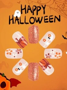 24pcs Short Square Fake Nails, Halloween Wear, Full Coverage Removable Ladies Nail Art Set, Suitable For Party, Ball And Daily Wear - Burnt Orange - View 3