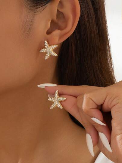 1 Pair Retro Elegant Diamond & Pearl Inlaid Metal Starfish Stud Earrings For Women, Dainty Earring Jewelry Suitable For Commuting, Summer Surfing, Travel, Beach Party, Mother's Day Gift, All Seasons