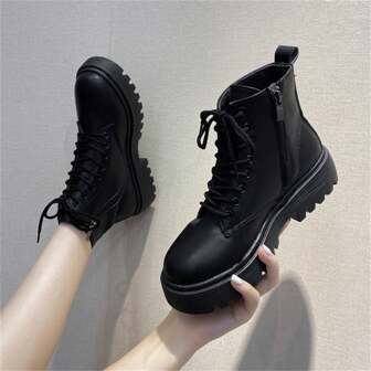 Style With Shorts,Women Boots, British Style Thick Soled Ankle Boots, Motorcycle Leather Mid-Calf Boots, Comfortable Outdoor