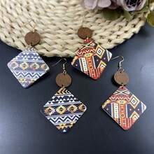 2 对/套夸张几何木质耳钉，彩色印花，波西米亚风格耳环，适合派对/海滩/日常佩戴 - 四邊形拼接 - 查看 1