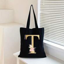Sacola de Lona Preta Personalizada com Estampa Floral Dourada de Letra A-Z, Sacola de Compras da Moda, Bolsa de Uso Diário, Presente de Aniversário para Mulheres, Presente para Namorada, Lembrança Personalizada de Dama de Honra