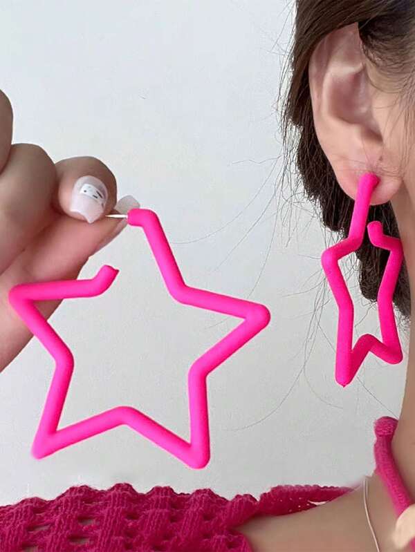 1 par de pendientes con diseño geométrico de estrella hueco, estilo exagerado de moda de los años 80 en Europa y América, adecuado para uso diario, fiestas y ropa de baile de mujeres