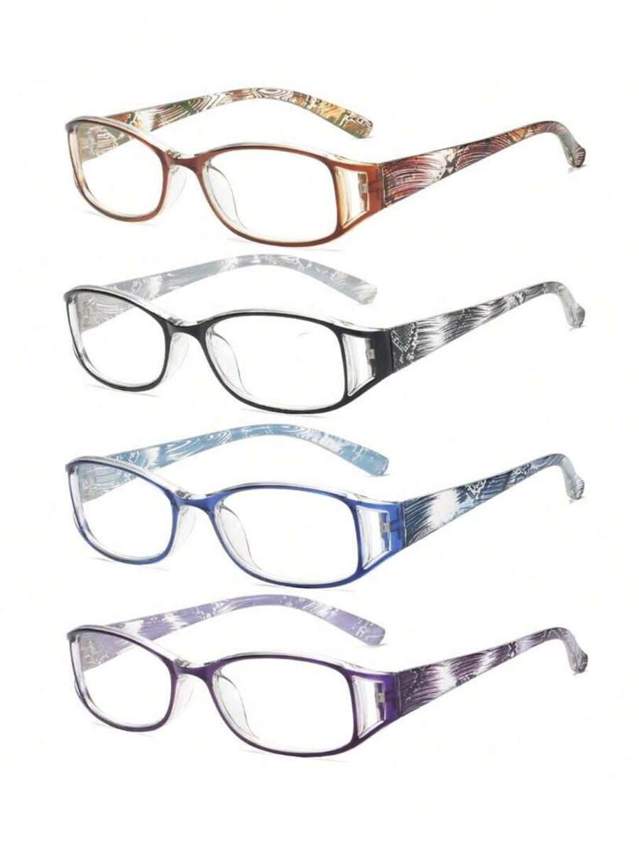 4Pcs Reading Glasses Chic Fashion Presbyopia Eyeglasses For Women Men - Presbyopia, Square Frame, Spring Hinge Optical Glasses, Retro Elegant Printed, Casual Lightweight, Ultra Clear, Anti Fatigue, Suitable For Office Computer  Readers Reading Daily Use, Best Gift For Elder 1X To 4X Accessories For Women Glasses