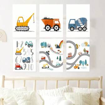 1 pezzo Stampa su tela stile nordico moderno, cartellone di pittura, automobile a fumetti, numeri e lettere, opera d'arte della parete per camera dei bambini, decorazione domestica senza cornice