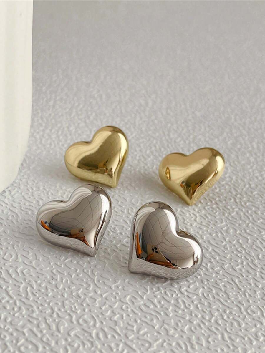 2 件复古金属银色爱心形耳钉，女士时尚珠宝 - 金色 - 查看 1