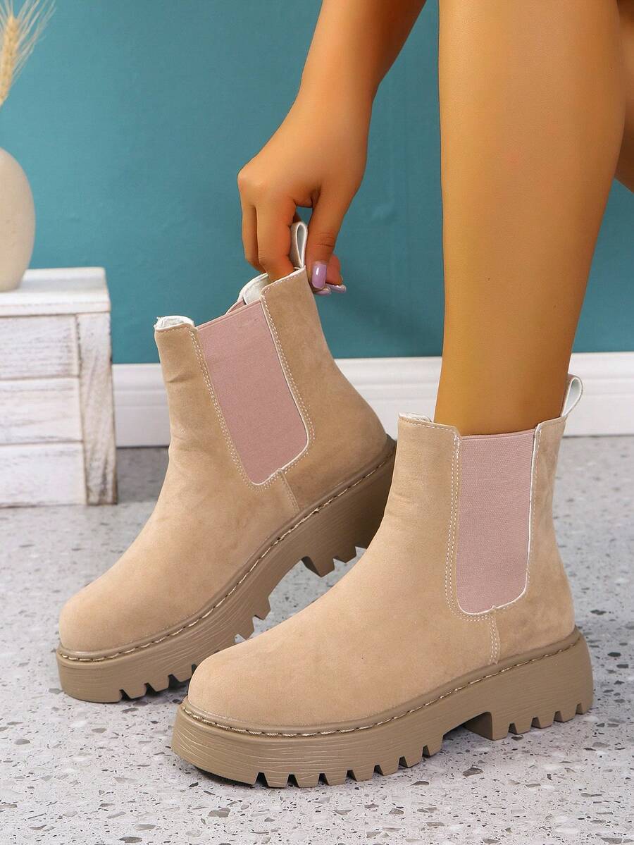 Giày bốt Chelsea da trơn kiểu cổ điển có đế dày kiểu cổ điển dành cho nữ, kiểu Anh - Màu be - Xem 1