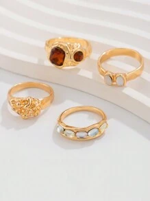 4 件装金属光泽几何红白仿宝石戒指套装