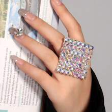 LuxstyWear Shiny Crystal Exaggerated Square Rings Finger Jewelry Adjustable Large Geometric Rhinestone Open Rings Hand Decoration Dance Gift